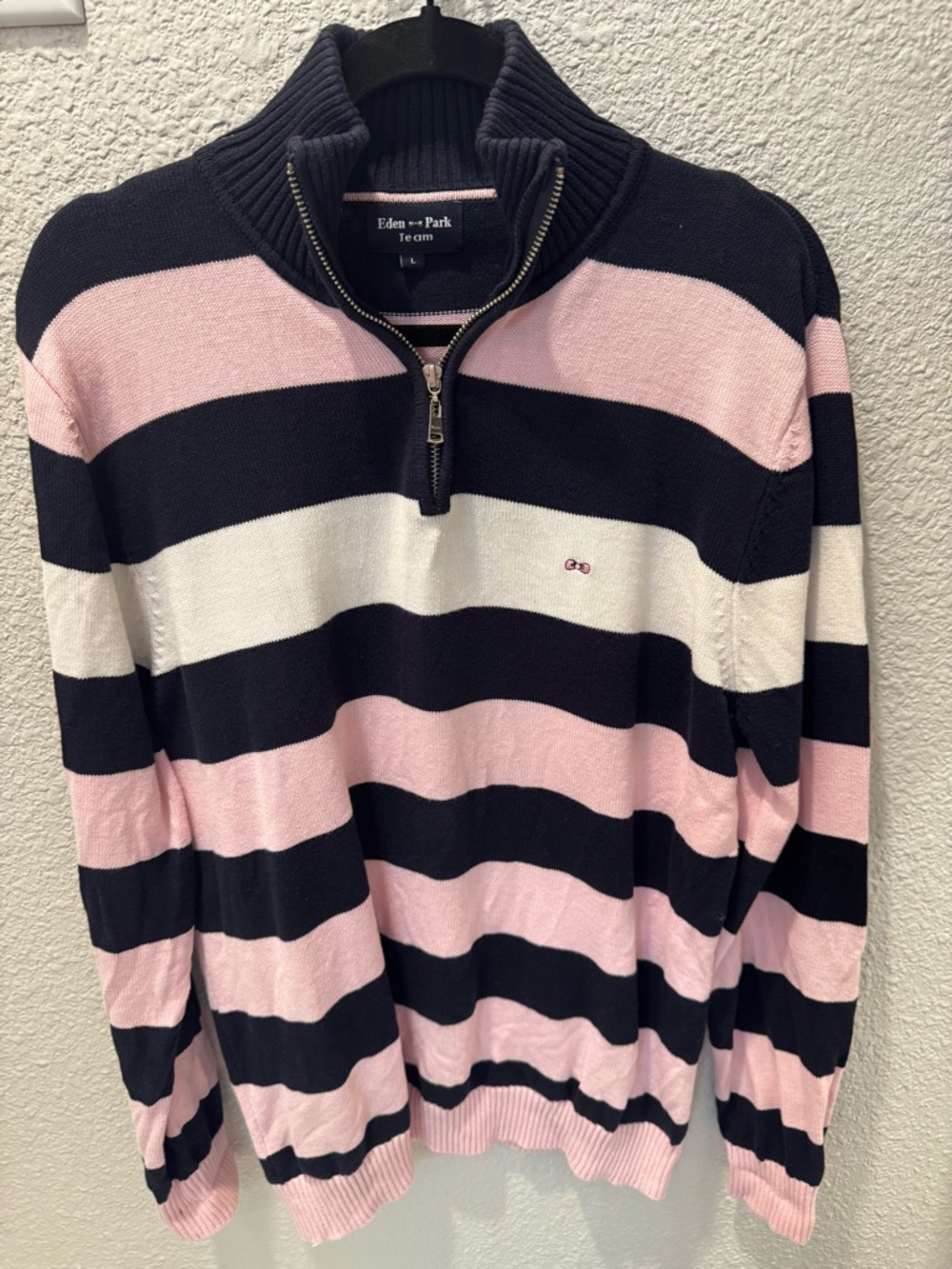 Eden Park Men’s Pink and Navy Striped Quarter-Zip Sweater